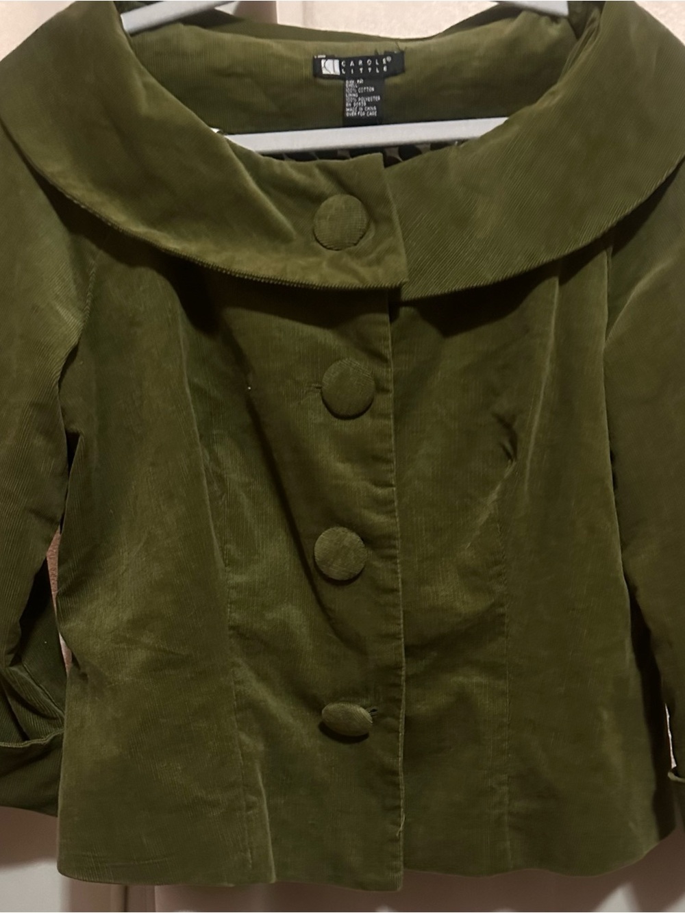 Vintage Carole Little Olive Green Corduroy Portrait Collar Jacket Size 12